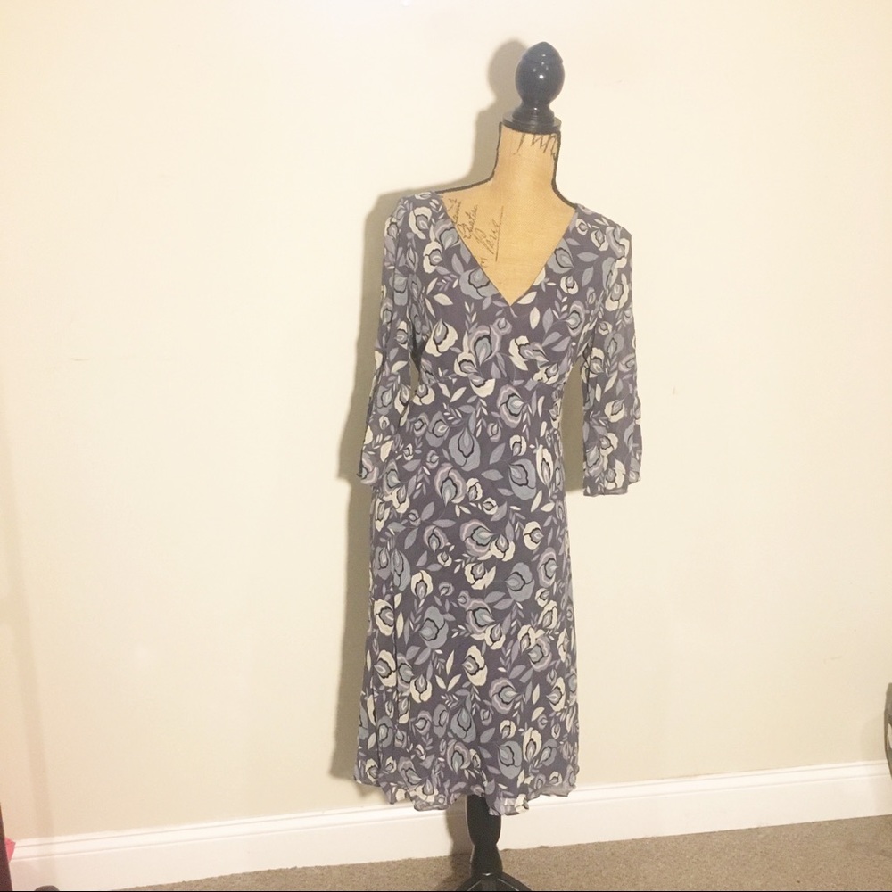 Nine West EUC blue grey flower sz 12 cocktail midi dress 3/4 sleeves